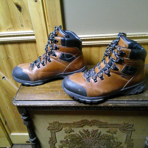 MENS VASQUE GORETEX VIBRAM SOLES BROWN LEATHER HIKING BOOTS HI TOP BRWN 12 - Picture 1 of 7